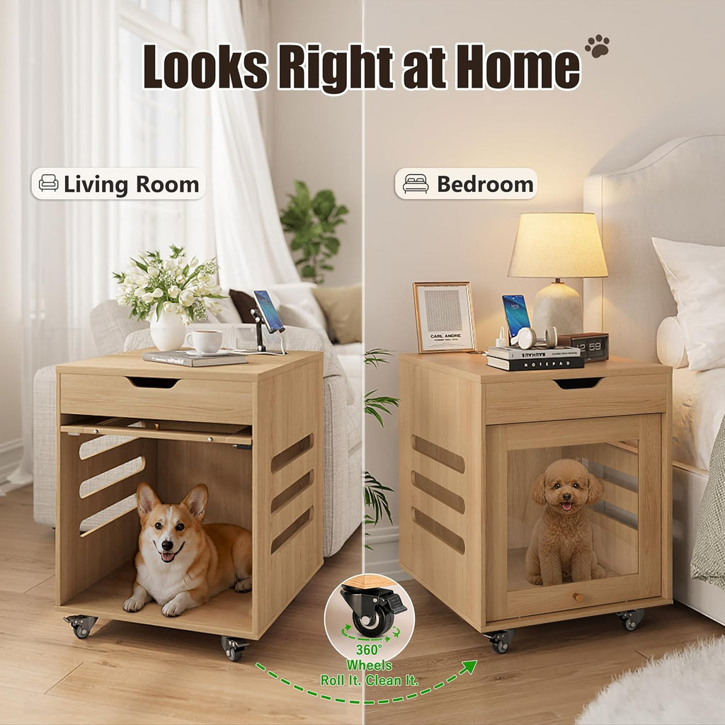 Dog Cage Furniture with Flip-Up Glass Door & Lockable Wheels -Natural Wood