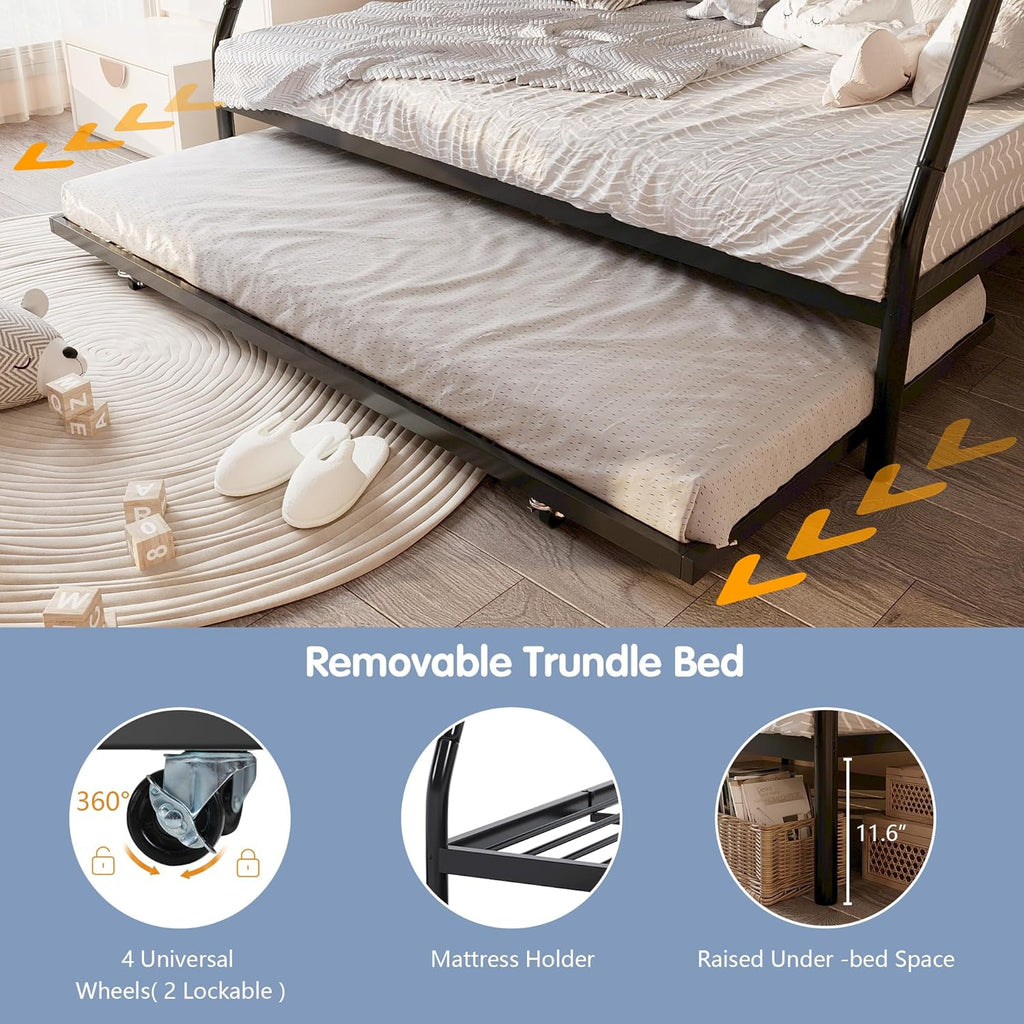 Twin Over Full Bunk Beds with Trundle, Heavy Duty Metal Triple Bunk Bed Frame