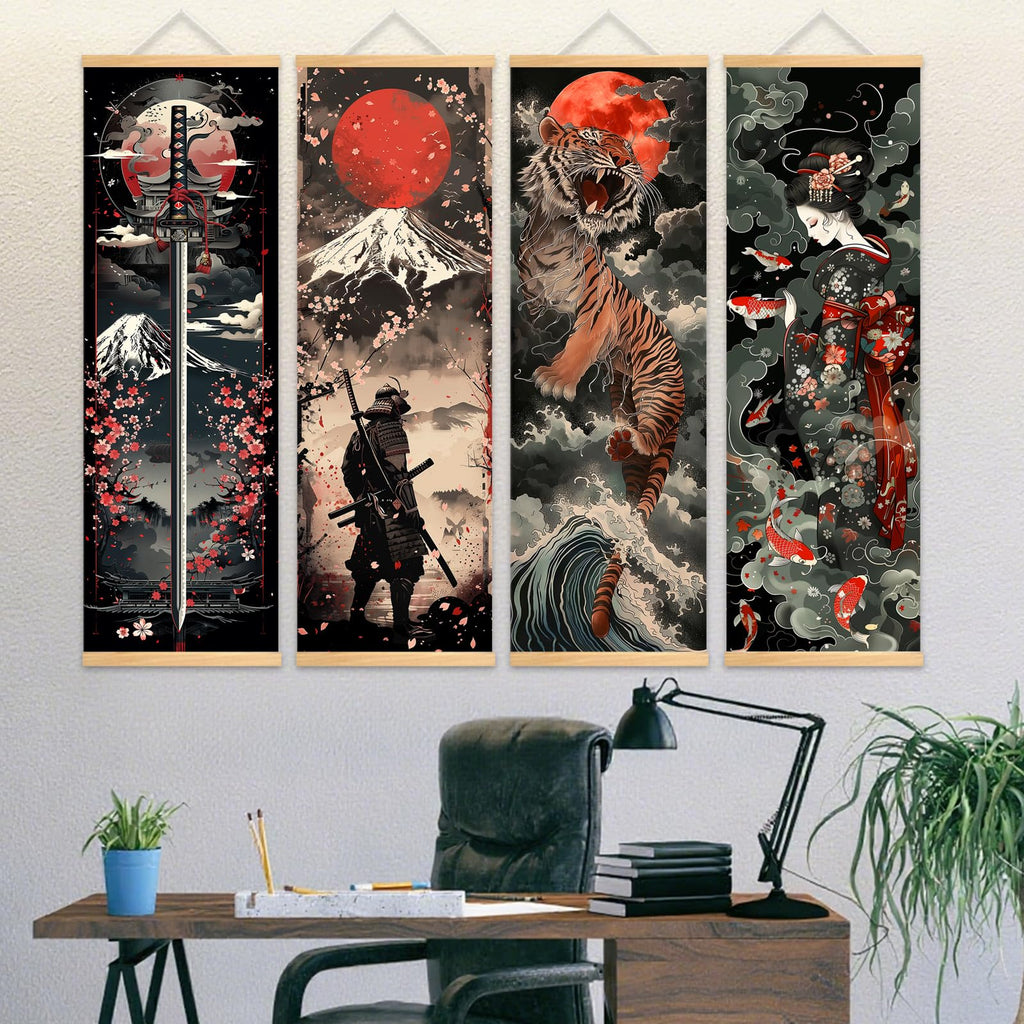 4PC Japanese Samurai Scrolls Canvas Wall Art Poster 11.81x35.43in
