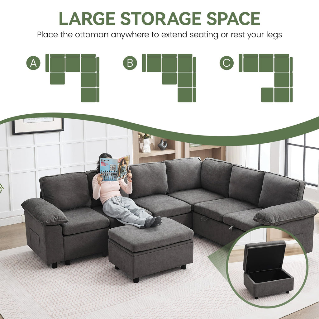 30" Storage Ottoman with Seating for Modular Sectional Sofa, Chenille Upholstered Rectangular Ottoman Bench with