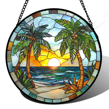 Palm Beach Sunset Stained Glass Window Hanging Suncatcher Gift for Mom 9.8"