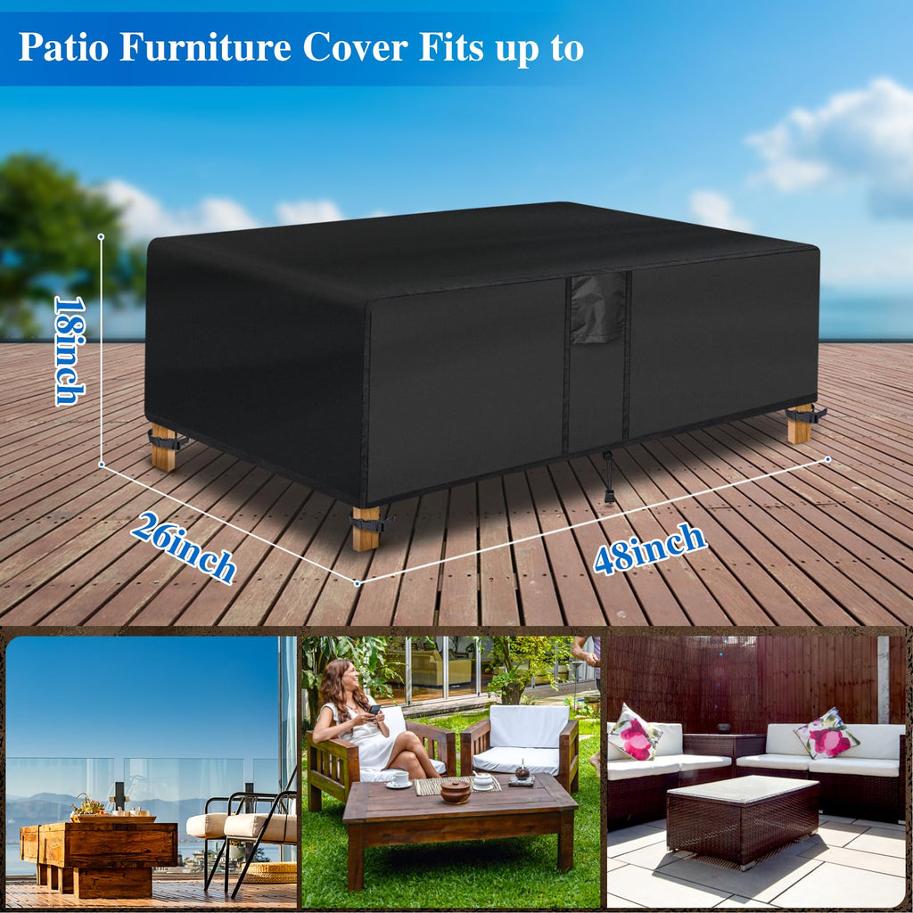 Outdoor Coffee Table Cover - Waterproof Rectangular Patio Coffee Table Cover (48L x 26W x 18H inches, Black) Outdoor