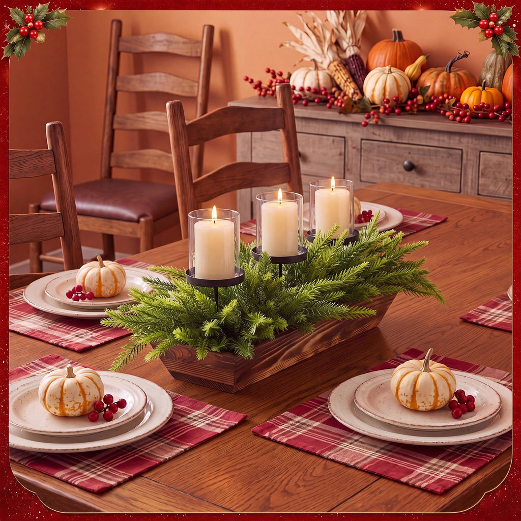 3 Pillar Norfolk Pine Stems Christmas Candle Holder Centerpiece