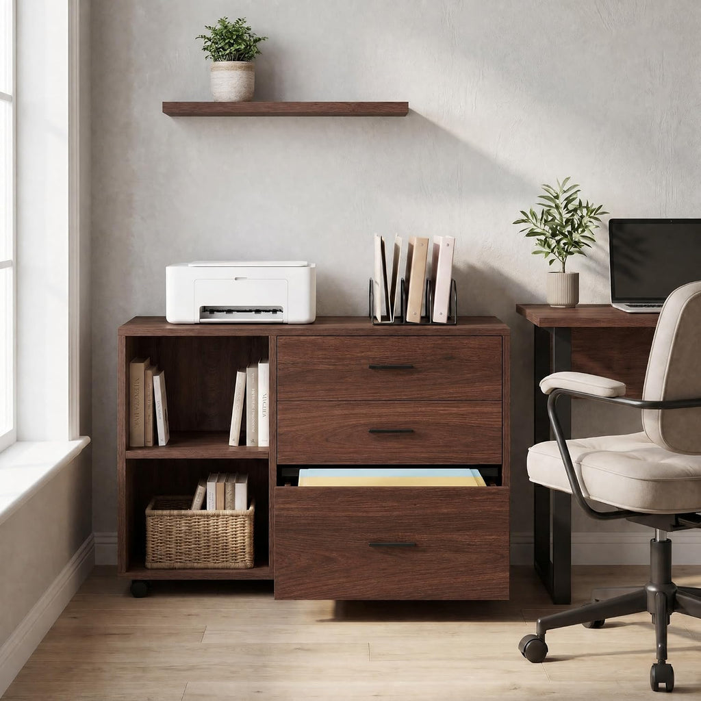39" Wooden Filing Cabinet with Open Storage Shelf and 3 Drawers | Rolling File Cabinet with Adjustable Hanging Rail