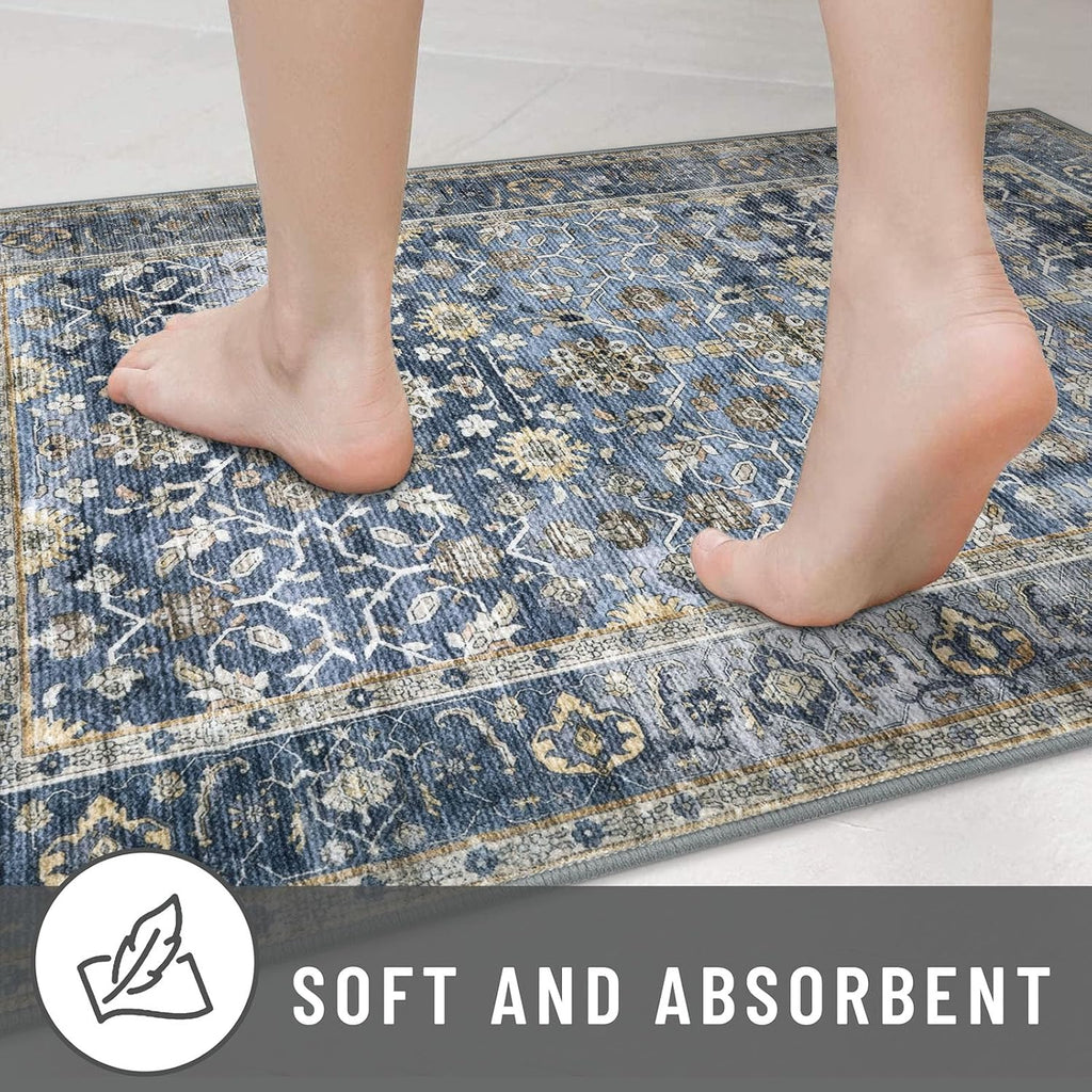 Vintage Washable Runner Rug, 2x8 Blue Grey Beige Runners
