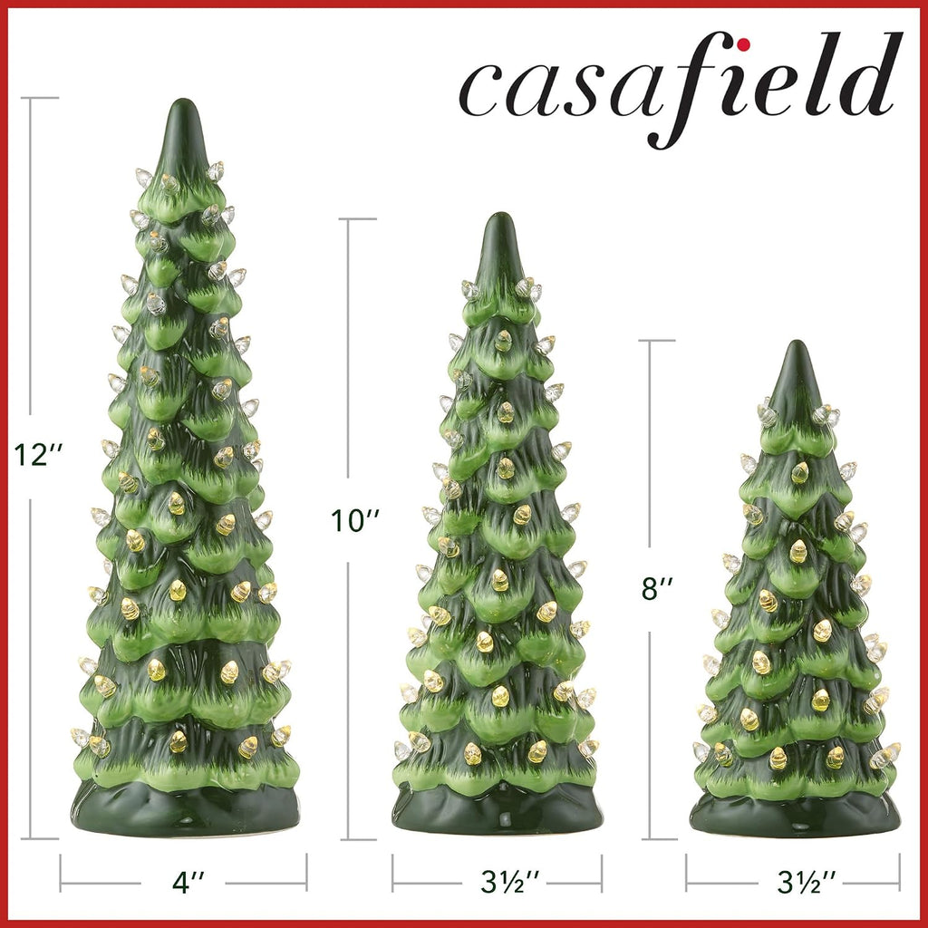 Set of 3 Hand Painted Ceramic Christmas Tree - Green Pre-Lit 8, 10, 12-Inch Trees with White Lights