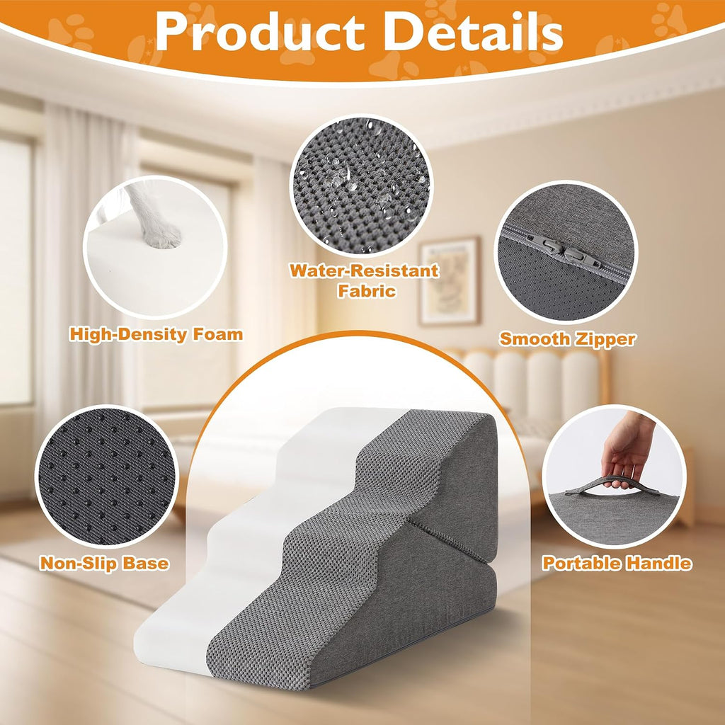 Dog Stairs for Small Dogs 16'' H, 3-Step Dog Steps for Bed, Grey
