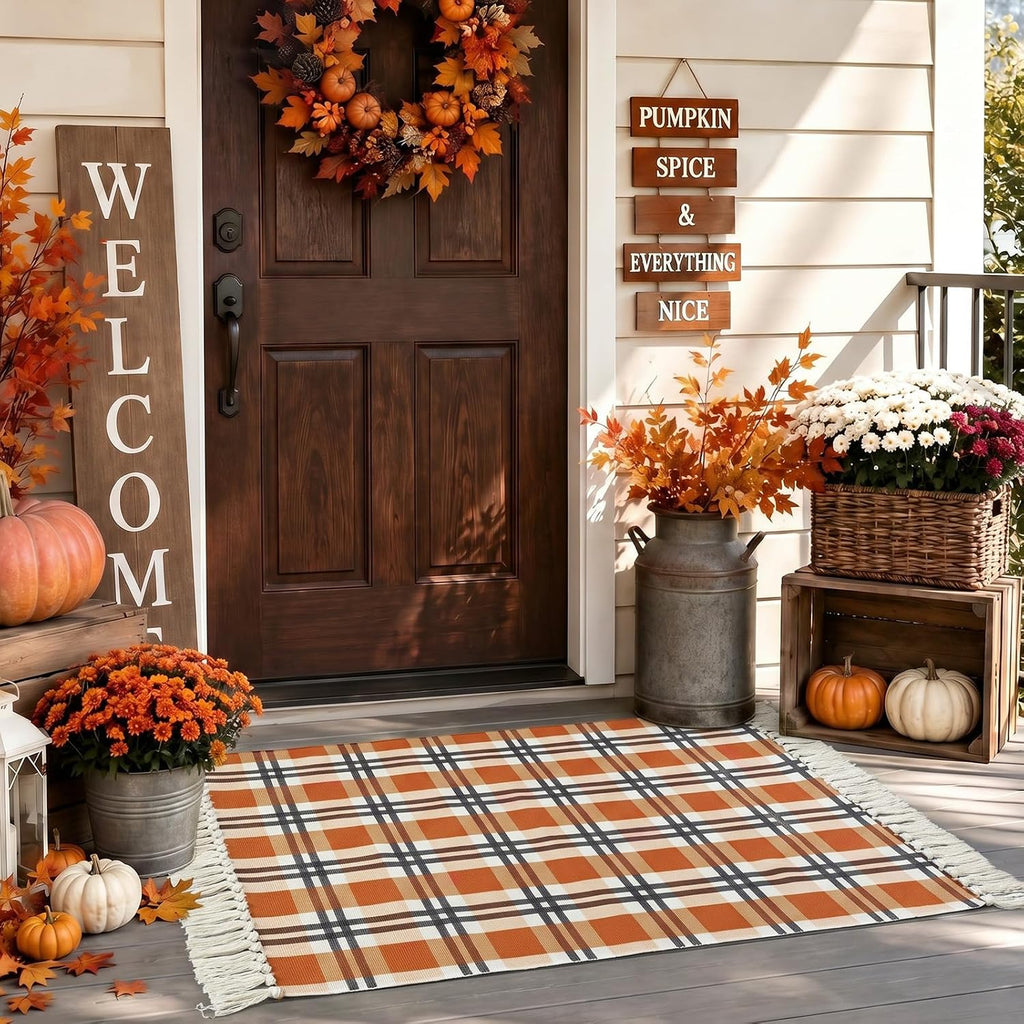 Fall Buffalo Plaid Rug Outdoor Cotton Orange Autumn Rug 28 x 43 Inch