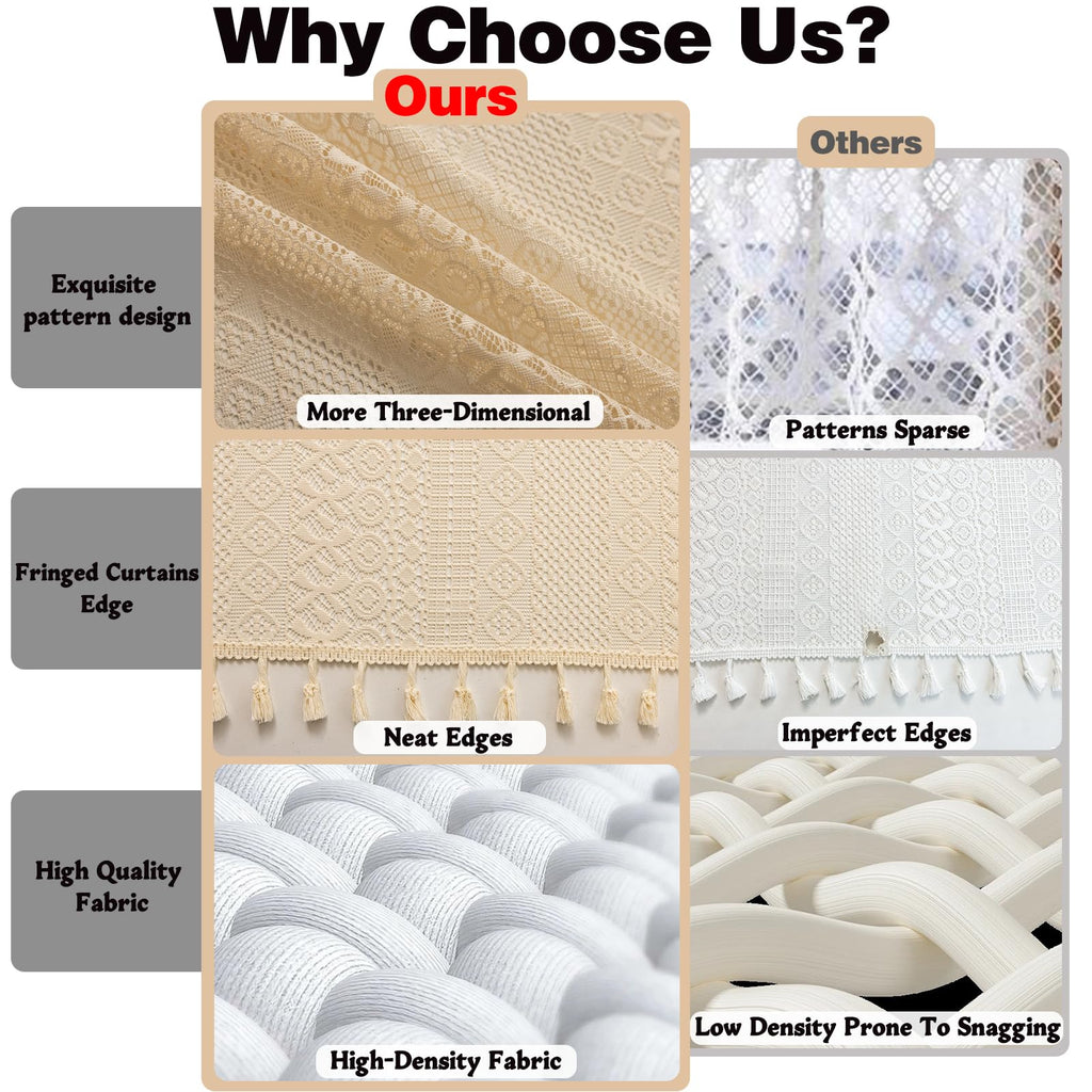 Beige Lace Boho Curtains 45 Inches 2 Panels, Semi Sheer Small Window Curtains Cafe Crochet Vintage Chic Country