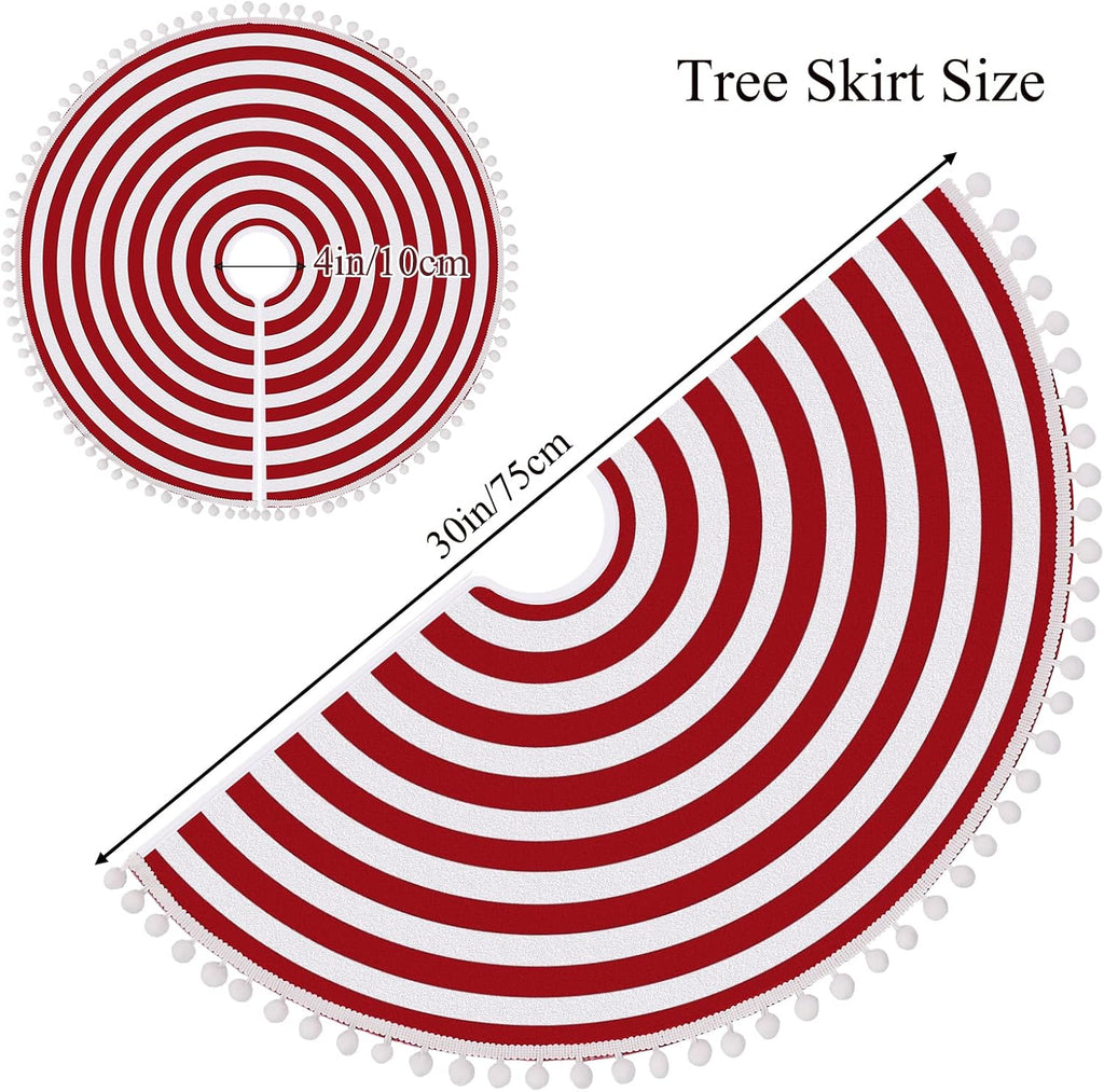 Christmas Tree Skirt, 30'' Red White Rings Stripes with Pom Pom Trim