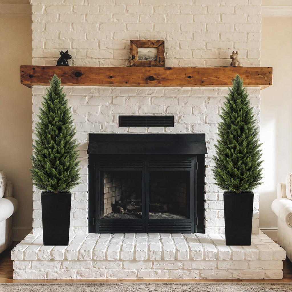 5FT Artificial Cedar Topiary Trees 2 Pack, Faux Cypress Plants with Black Square Planters, UV Resistant Outdoor
