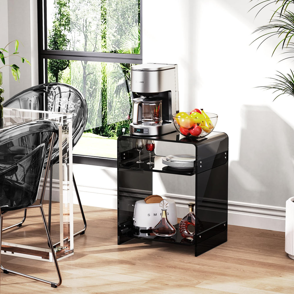Acrylic End Table Record Player Table with Storage Shelf Clear Side Table Nightstand (Black)