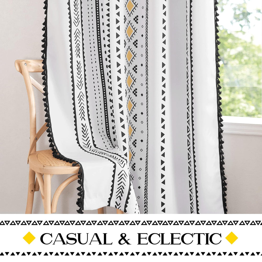 White Boho Fall Macrame Curtains 84 inch Long 2 Pieces, Grommet Decorative Thermal Curtains Yellow and Black Eclectic