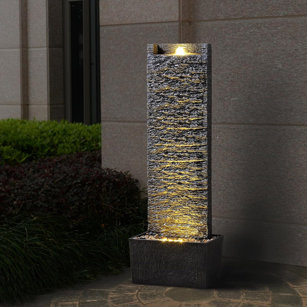 Water Fountain Outdoor, Floor Standing LED Illuminated Water Flow Elegant Water Fountain Pump 38.5" with Pebble Base