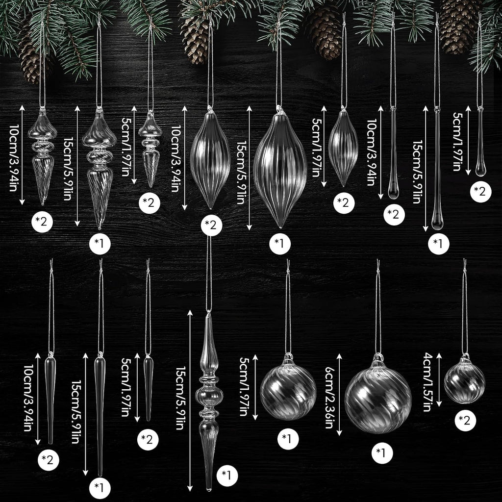 25 Pcs Christmas Clear Glass Ornaments, Finial Teardrop Icicle