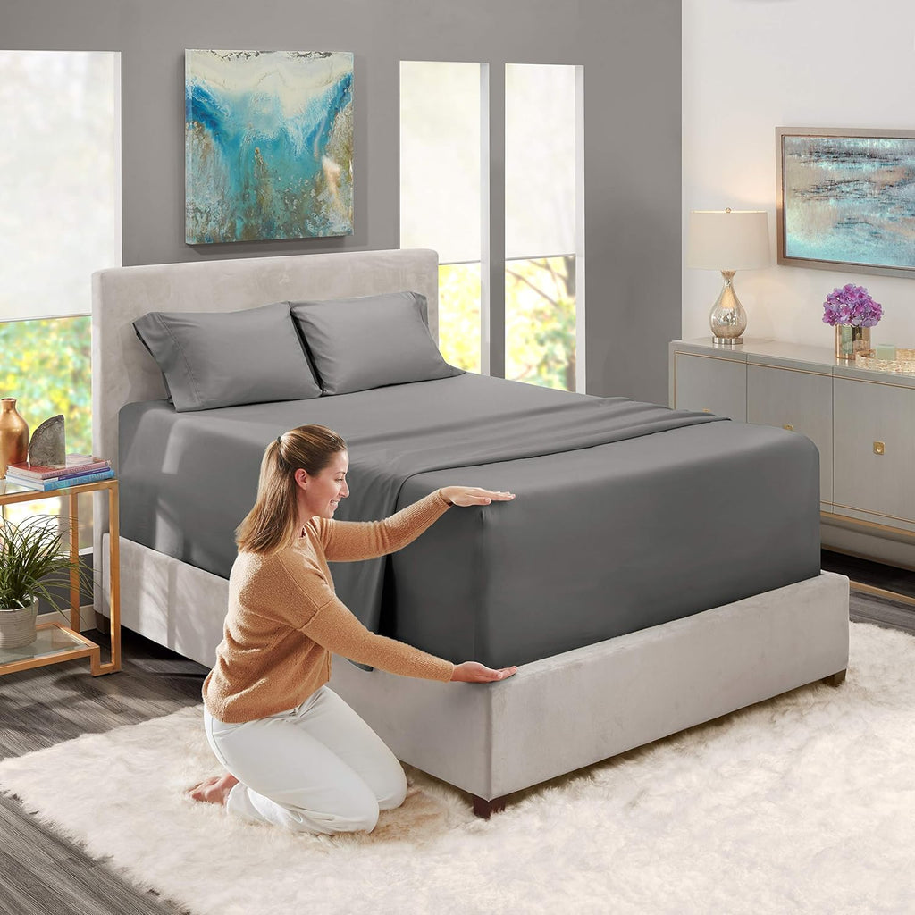 King Sheet Set, 4 Piece Extra Deep Pocket (18-24 inches), Microfiber, Hotel Luxury, Soft, Breathable, Wrinkle-Free