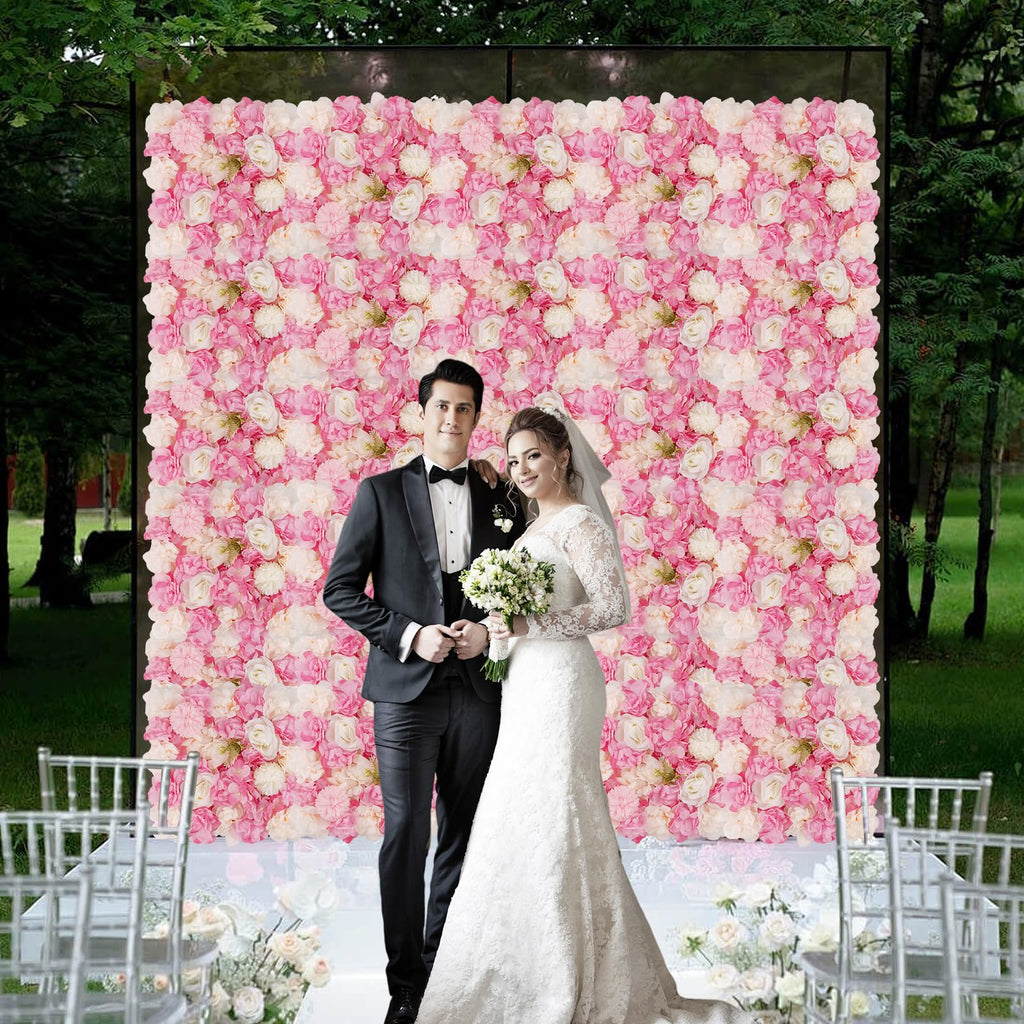 3D Flower Wall Backdrop, 12 Pcs 15x15 Inch Pink & White Panels