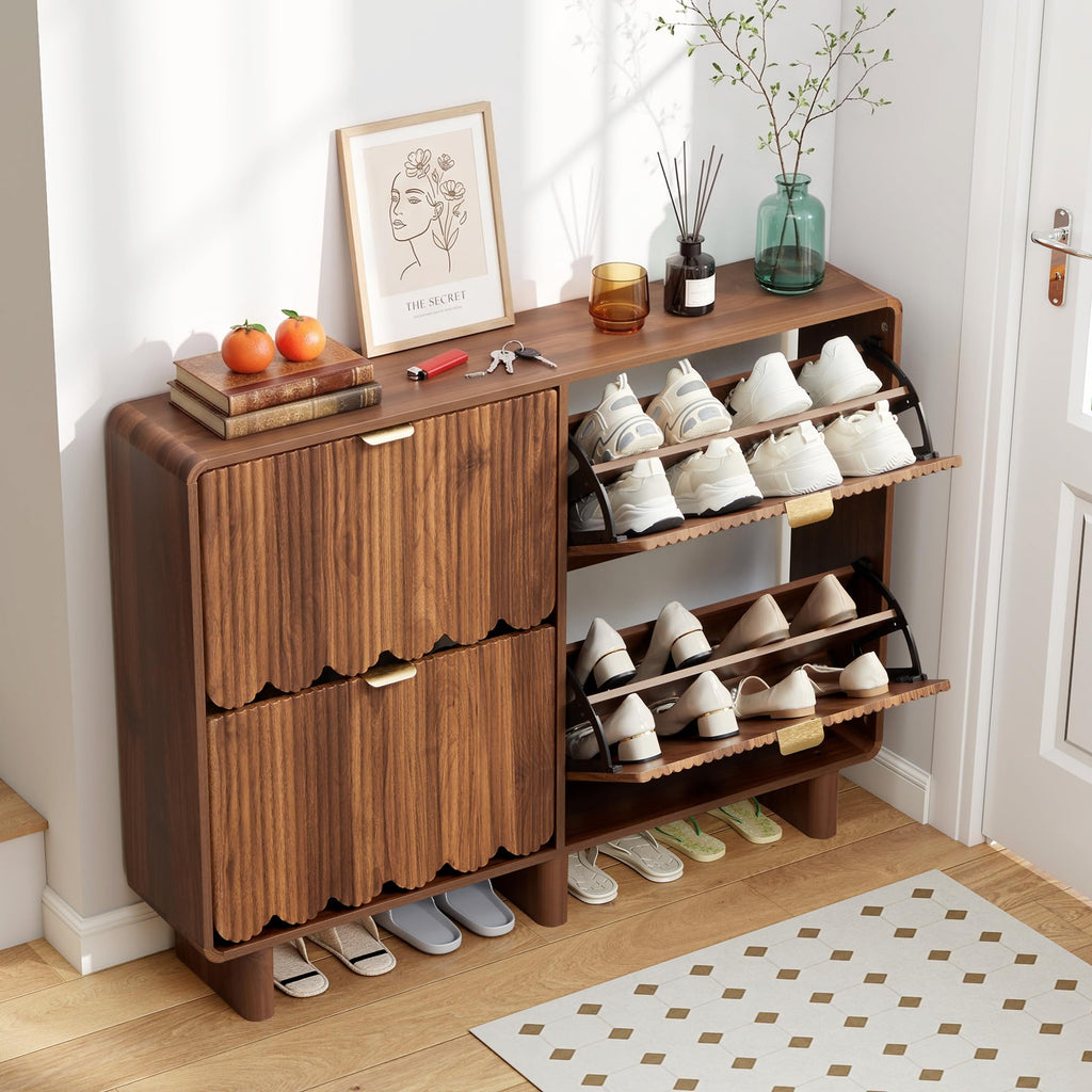 Fluted Narrow Shoe Storage Cabinet with 4 Flip Drawers, Walnut