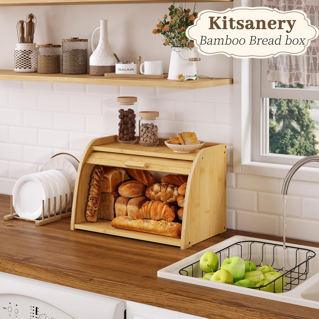 Countertop, Bamboo Bread Storage, Double-Layer Roll-Top Bread Container, Farmhouse Bread Holder made Bread (Natural
