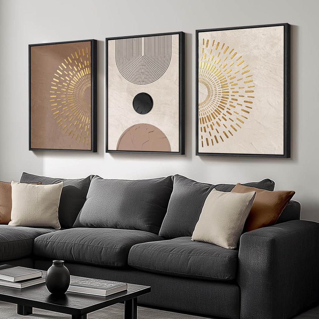 Framed Boho Neutral Abstract Wall Art, 3 Piece Canvas Prints Paintings Artwork for Walls, Large Minimalist Brown