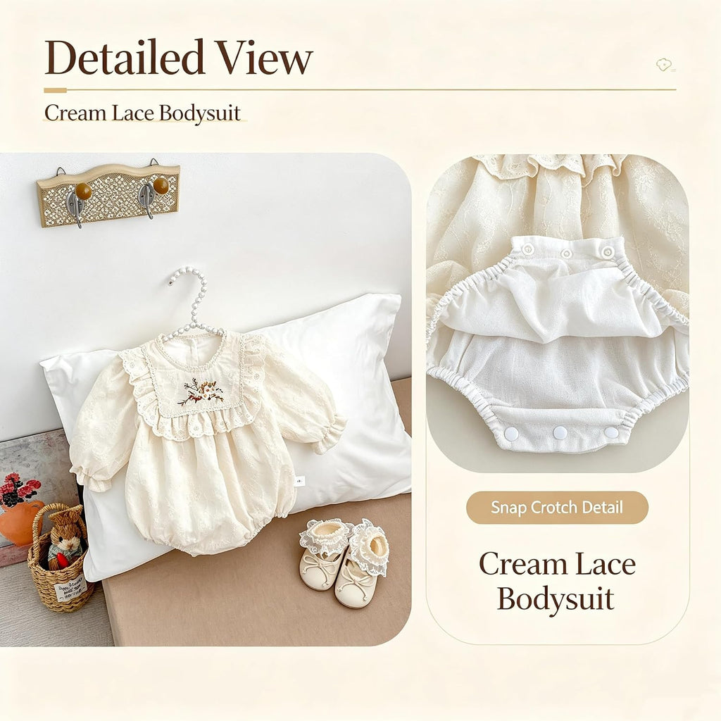 Baby Girl Long Sleeve Romper Floral Embroidery Lace Ruffle Collar Bubble Bodysuit for Spring Fall Outfit