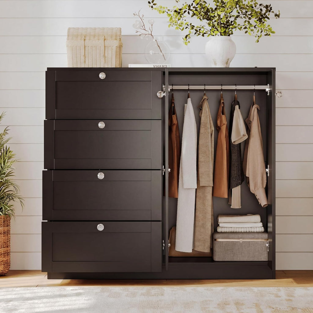 43''H Armoire Wardrobe Closet with 4 Drawers and 2 Doors | Small Clothing Storage Cabinet Dresser with Hanging Rod