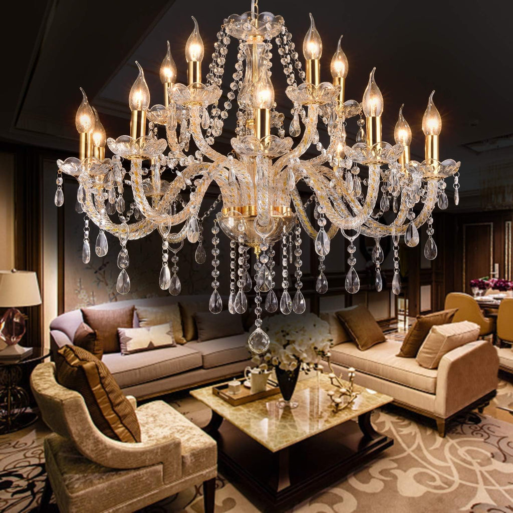Gold Color Luxurious Candle Crystal Chandelier, 15 Lights K9 Modern Crystal Chandelier for Dining Room, Glass Ceiling Pendant Lamp for Living Bedroom Lighting Hall Balcony A110-B08YMZPXLH
