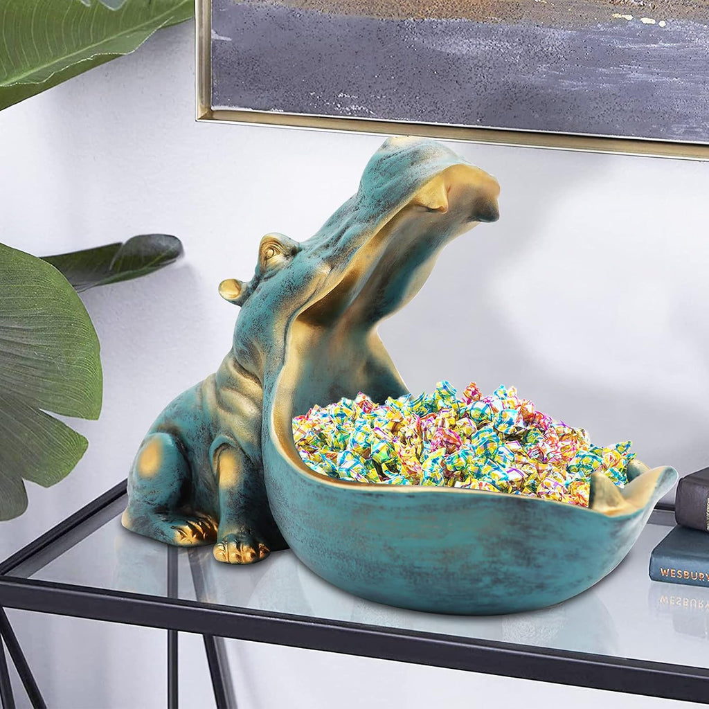 Hippo Statue,Large Hippopotamus Figurine Home Sculpture with Resin, Hippo Candy Jar, Candy Dish Bowl Desk, Key Bowl