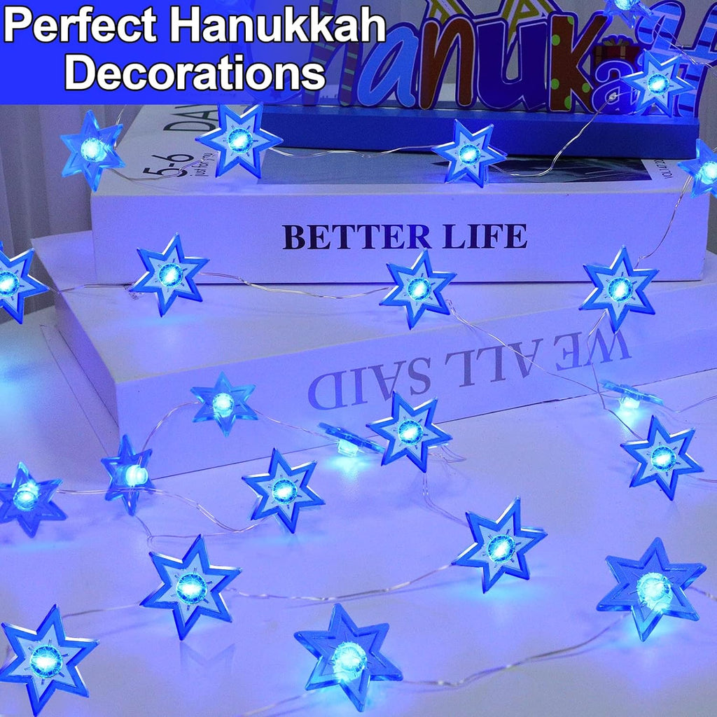 [Timer] 10FT 30LED Hanukkah Decorations Star of David String Lights, Battery Operated Waterproof Blue Lights Hanukkah - Set of 30