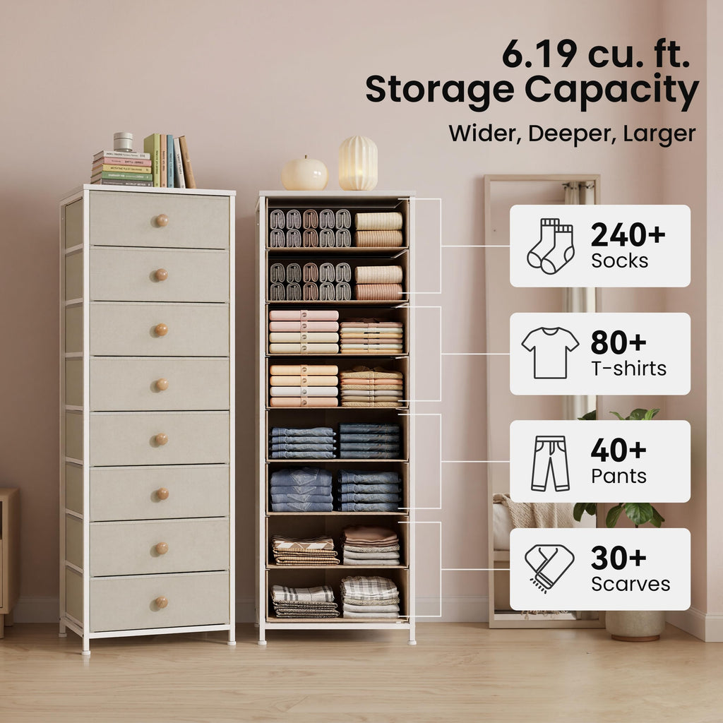 Fabric, 8 Drawer Tall Vertical Skinny Tower (Beige)