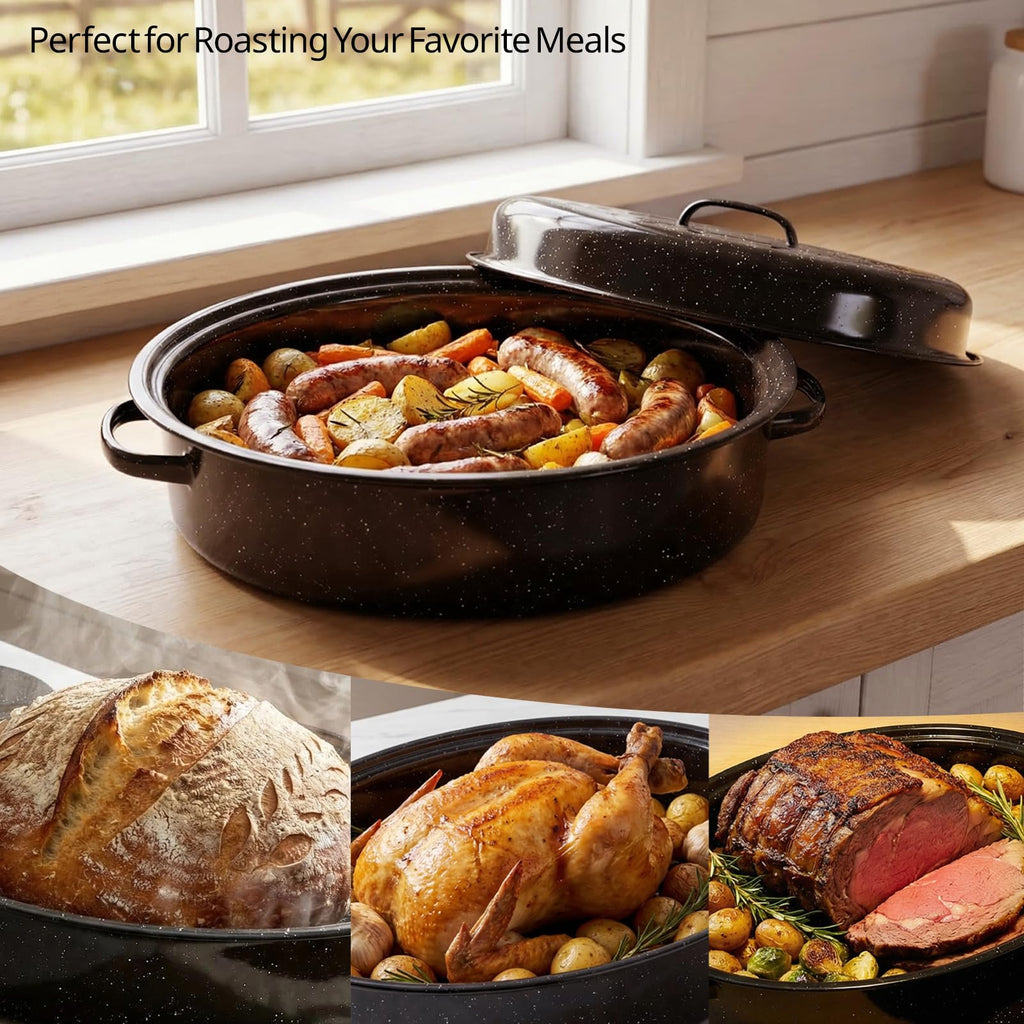 15"Oval Roasting Pan With Lid Small Chicken Roaster, With 13.7in Inner Diameter Enamel Steel Roasting Pot Suitable for
