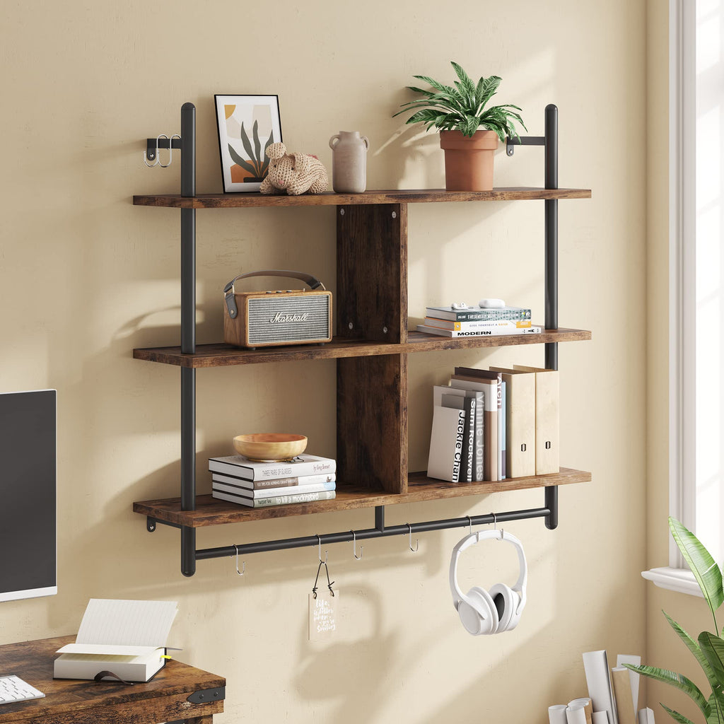 41.5" Floating Shelves for Wall 3 Tier Kitchen Shelves Wall Mounted Coffee Bar Shelf Hanging Shelf with 8 Hooks