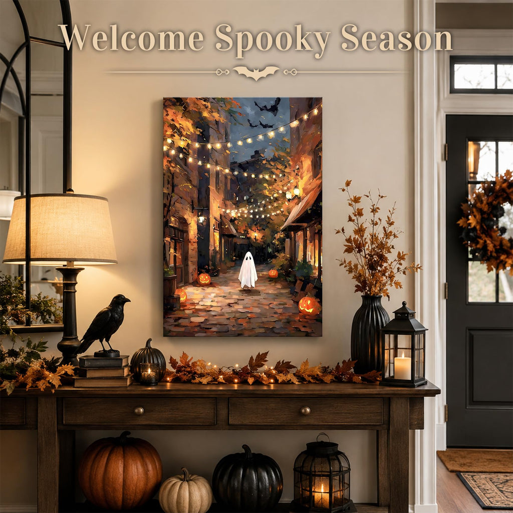 Framed Halloween Ghost Street Wall, Pumpkin Lantern Night Town Canvas Prints, Cozy Spooky Wall Decor Pictures Canvas