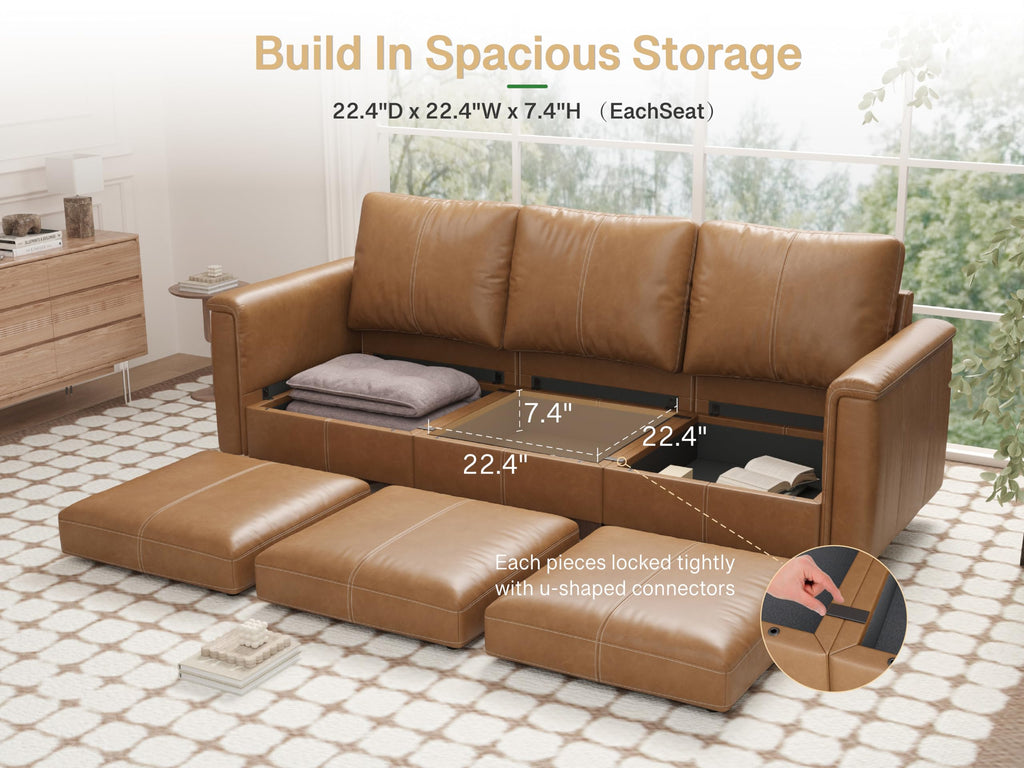 Faux Leather Sectional Sofa, 3 Seater Sofa Couch, Brown