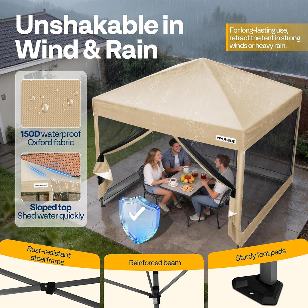 10x10ft Easy Pop-Up Canopy, Outdoor Screen Tent with Mosquito Netting, 2 Zipper Doors