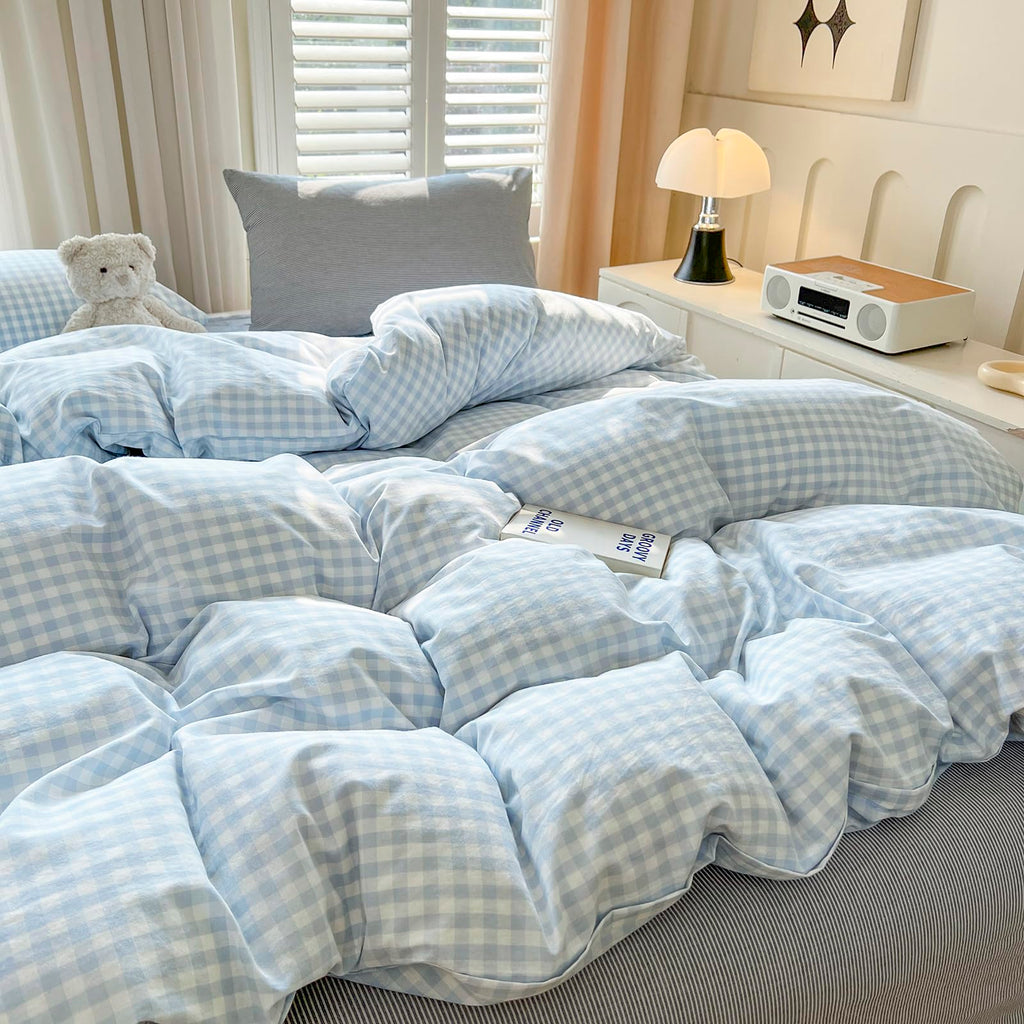 Blue Gingham Comforter Down Alternative Washed Cotton Bedding Set Boho Fluffy Cozy Cute Bedding Comforter Sets