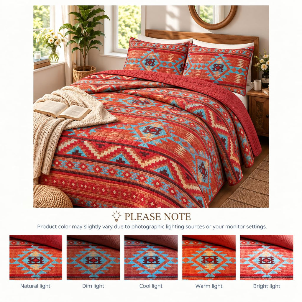 Rustic Western Southwestern Native American Indian Tribal Navajo Quilted Bedspread Set in Turquoise Red Burgundy