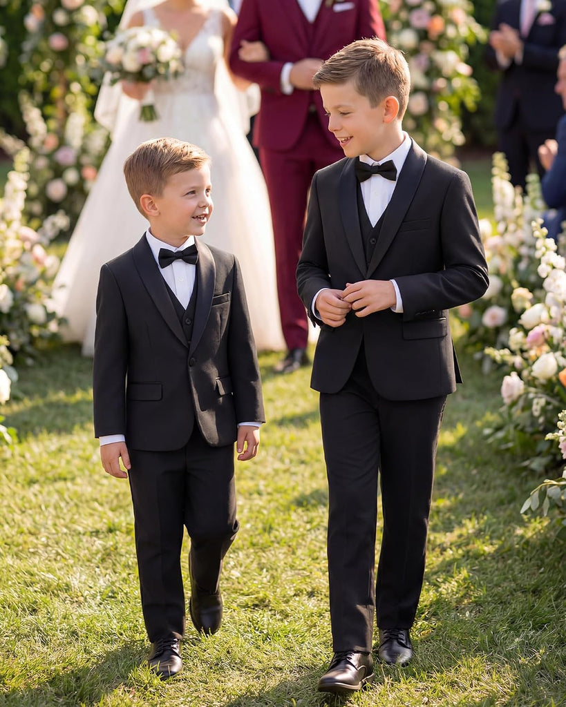 Boys 5 Pieces Tuxedo Suit Set Kids Suits Shawl Collar Jacket Pant Vest Bow Tie for Wedding Ring Bearer Party Prom