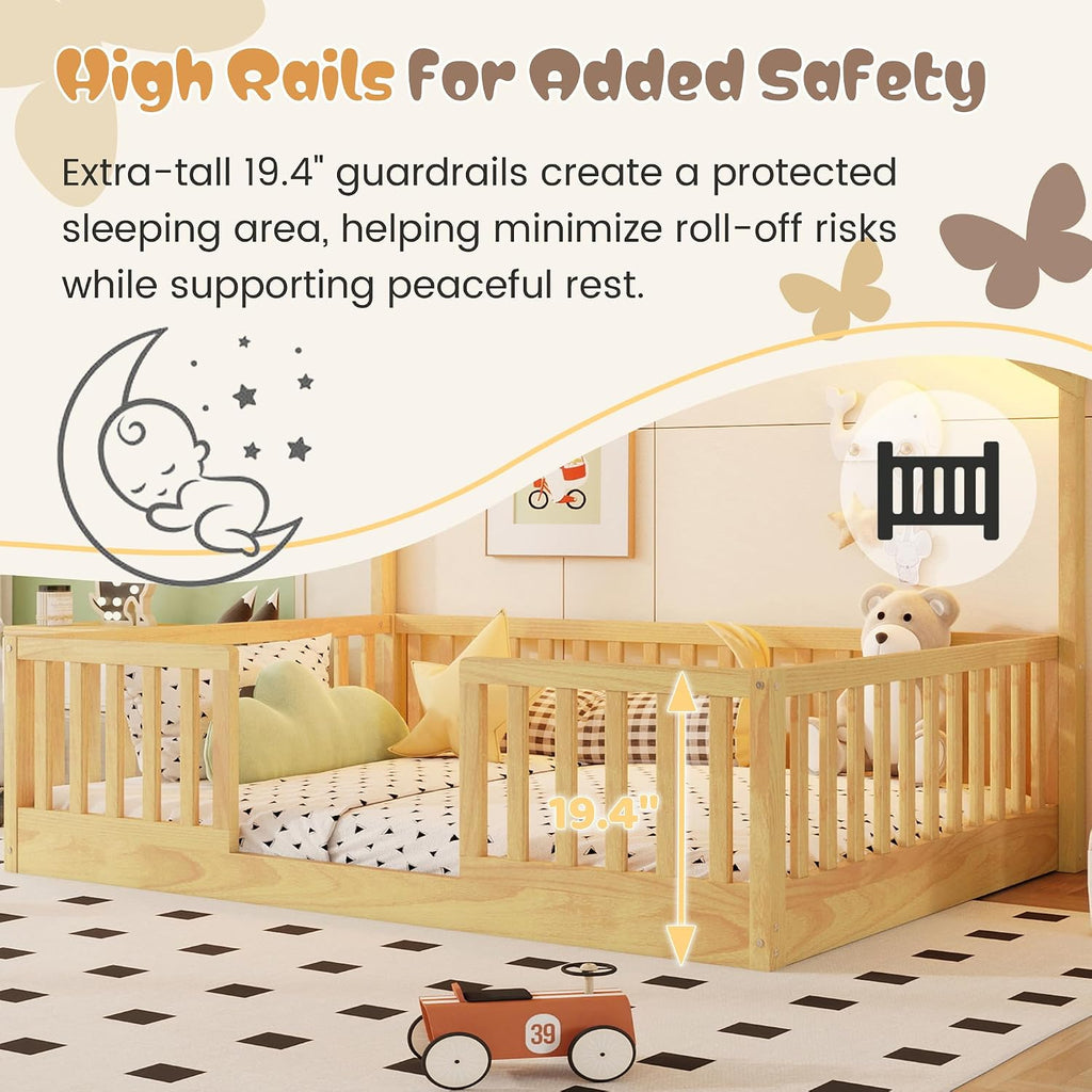 Montessori Floor Bed with High Rails, Wood House Beds Frame with LED Light, Low Profile Montessori Bed