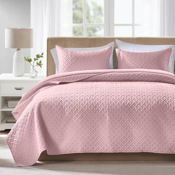 Quilt Bedding Set Pink Lightweight Bedspreads Set, Modern Style Geometric Weave Stripe Pattern, Soft