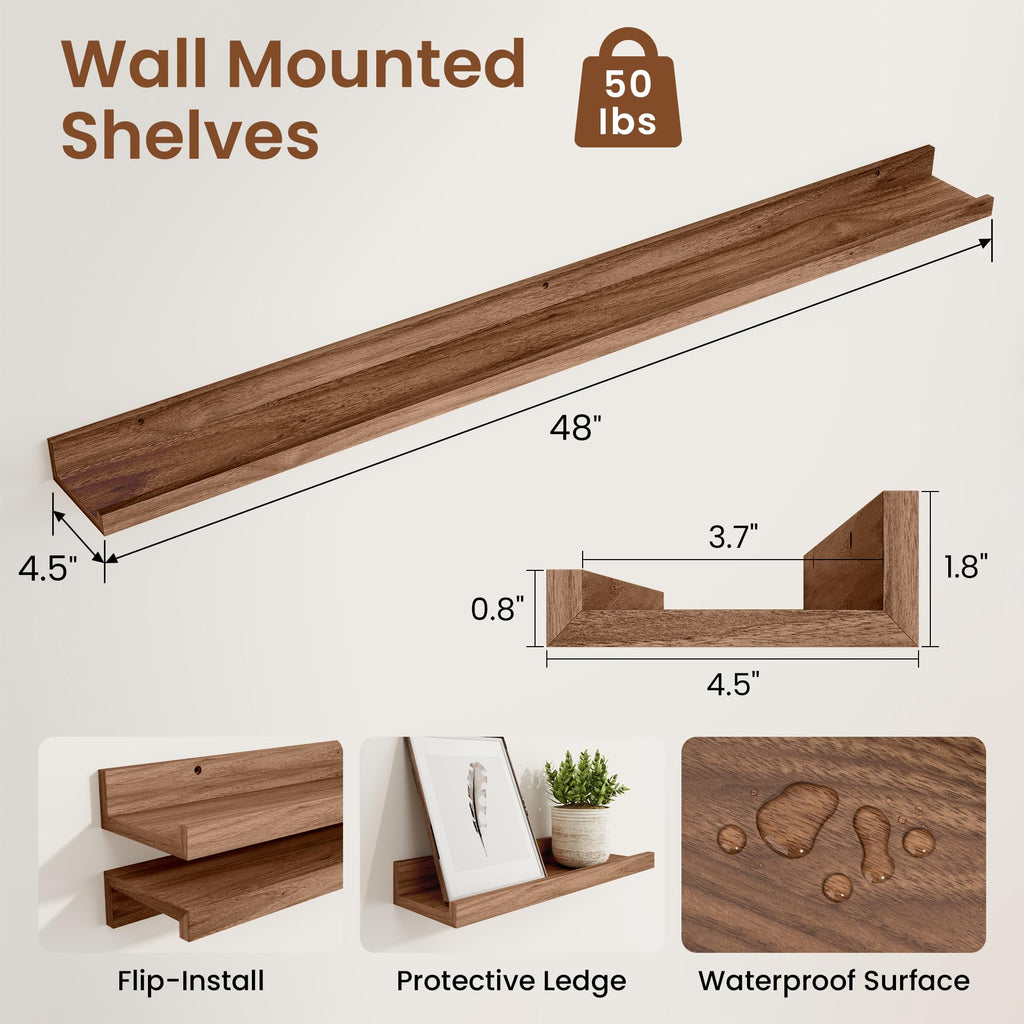 Picture Ledge Shelf, 48 inch Long Floating Shelves for Wall Set of 2, Picture Shelf with Lip for Wall Decor, Living