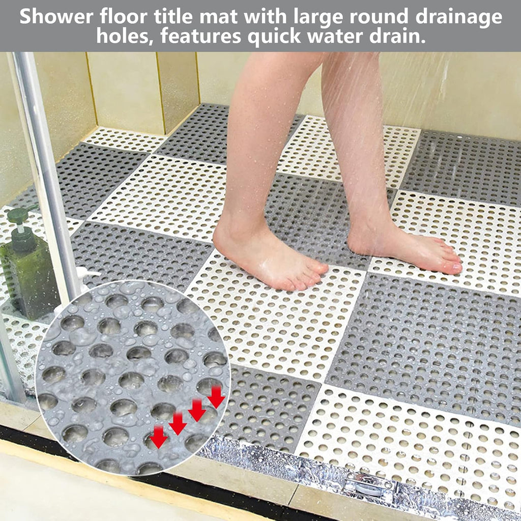 12 Pack 11.8" x 11.8" Interlocking Floor Tiles with Drain Holes Soft PVC Non Slip Shower Floor Mat Modular Interlocking