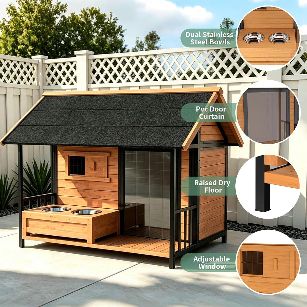 Large Outdoor Dog House with Porch & Dog Bowls for Large Dogs