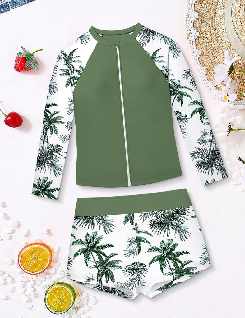 Girls Rash Guard Swimsuit 2 Piece Bathing Suit Long Sleeve Full Zip Tropical Print Boyshorts Beach Swimwear