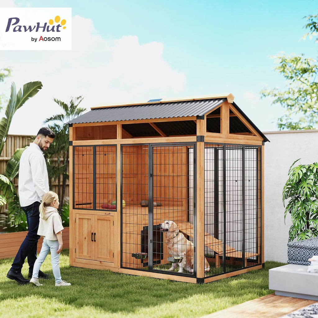 7' x 5' Extra Large Outdoor Dog Kennel Walk-in Wood Dog House Yellow