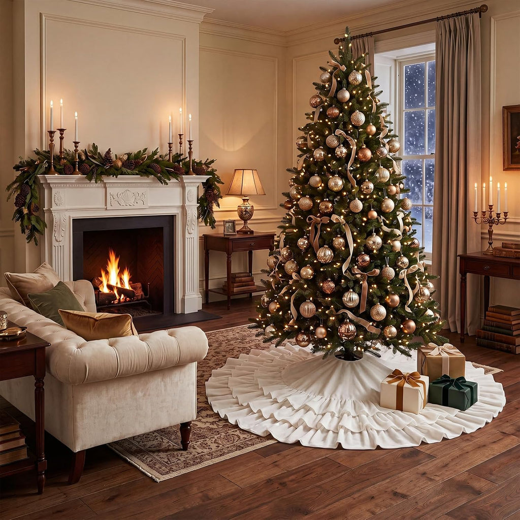 48 Inch Ruffled Velvet Christmas Tree Skirts White Tree Skirt