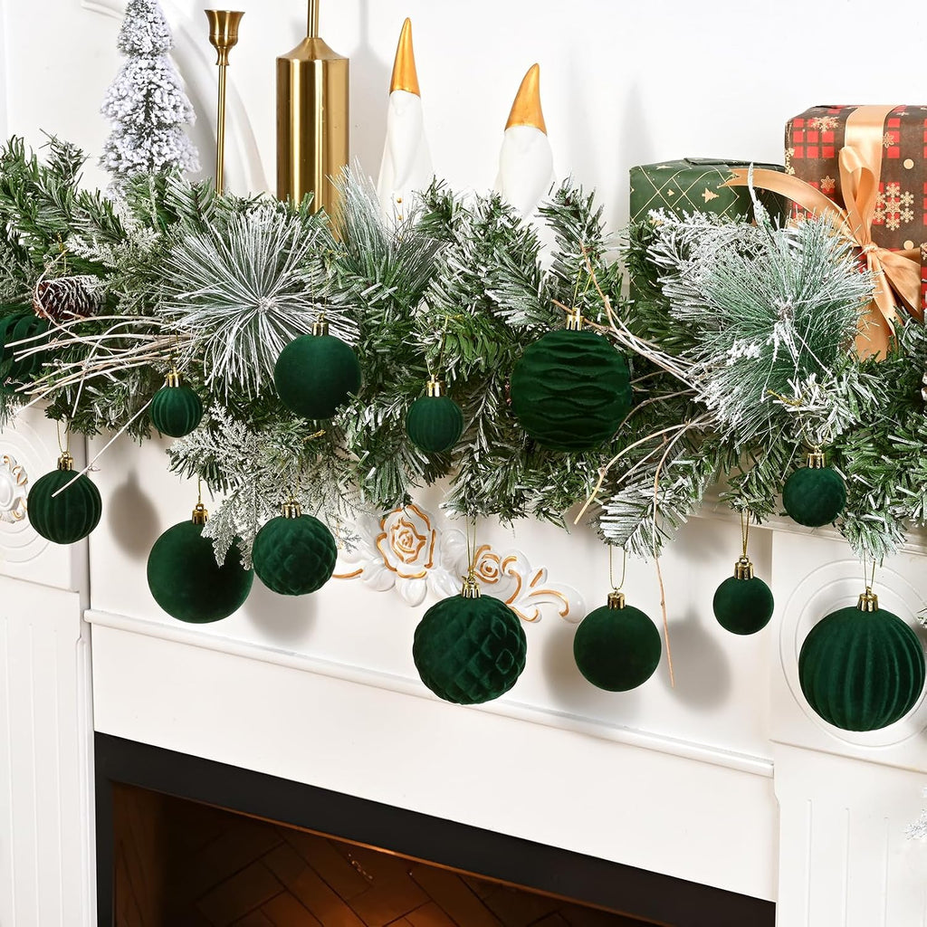 Velvet Ornaments Dark Green Flocked Christmas Ornaments Shatterproof Hanging Ball Set for Xmas Winter Holiday - Set of 38
