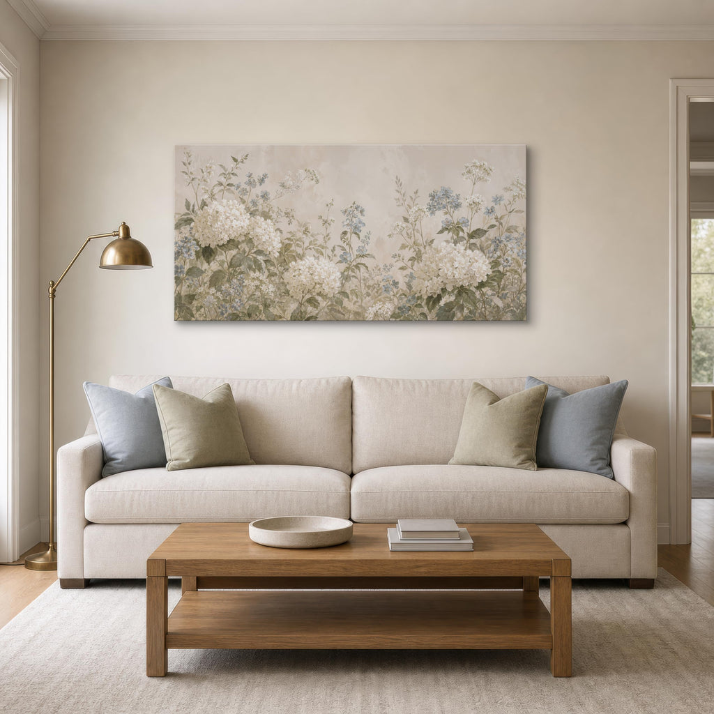 Hydrangea Floral Canvas Wall Art, Cream White and Dusty Blue Botanical Print, Large Horizontal Vintage Garden Decor