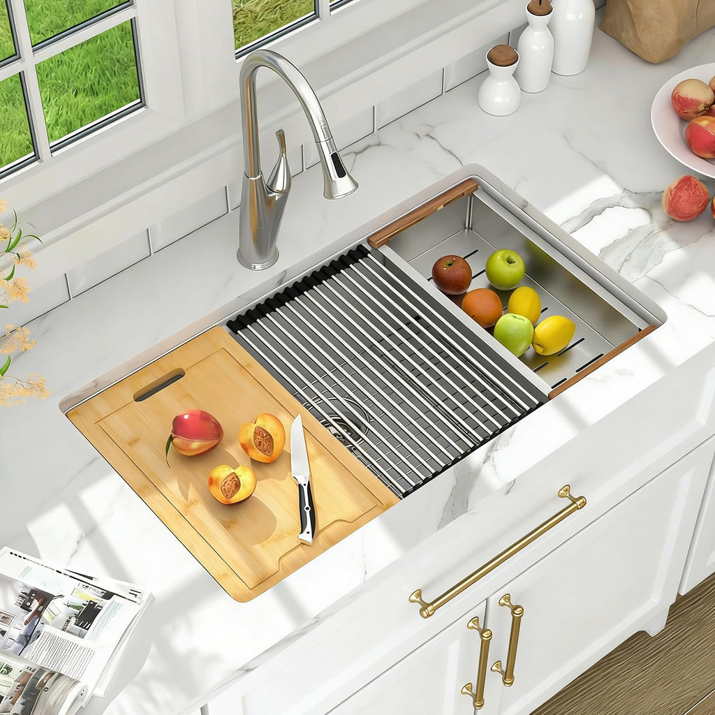 33 Inch White Kitchen Sink Undermount Composite Granite Quartz Single Bowl Workstation 33x19x10 Inch Under Counter