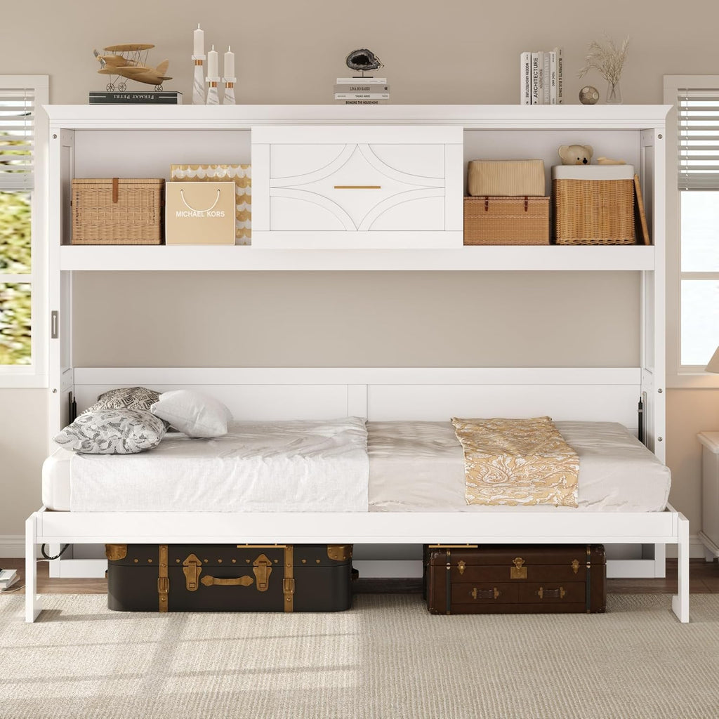 Farmhouse Wood Murphy Bed Chest with Charging Station & Drawer, Storage Wall Bed with Wood Slat Support/Space Saving